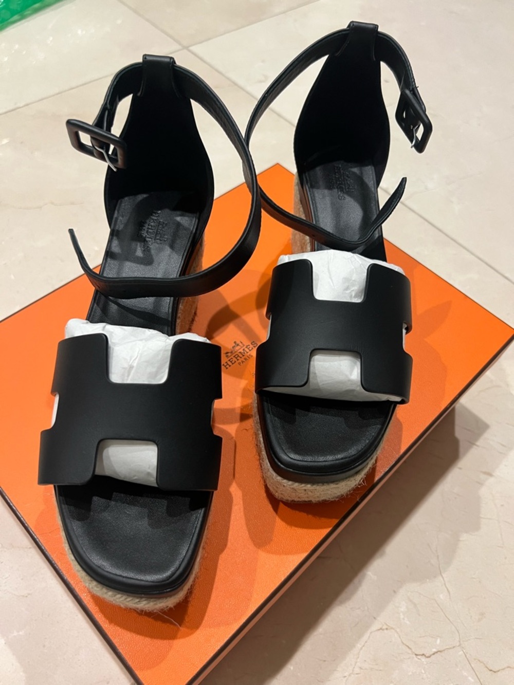 Hermes Black H-Front Espadrille Wedge Sandals with Ankle Strap